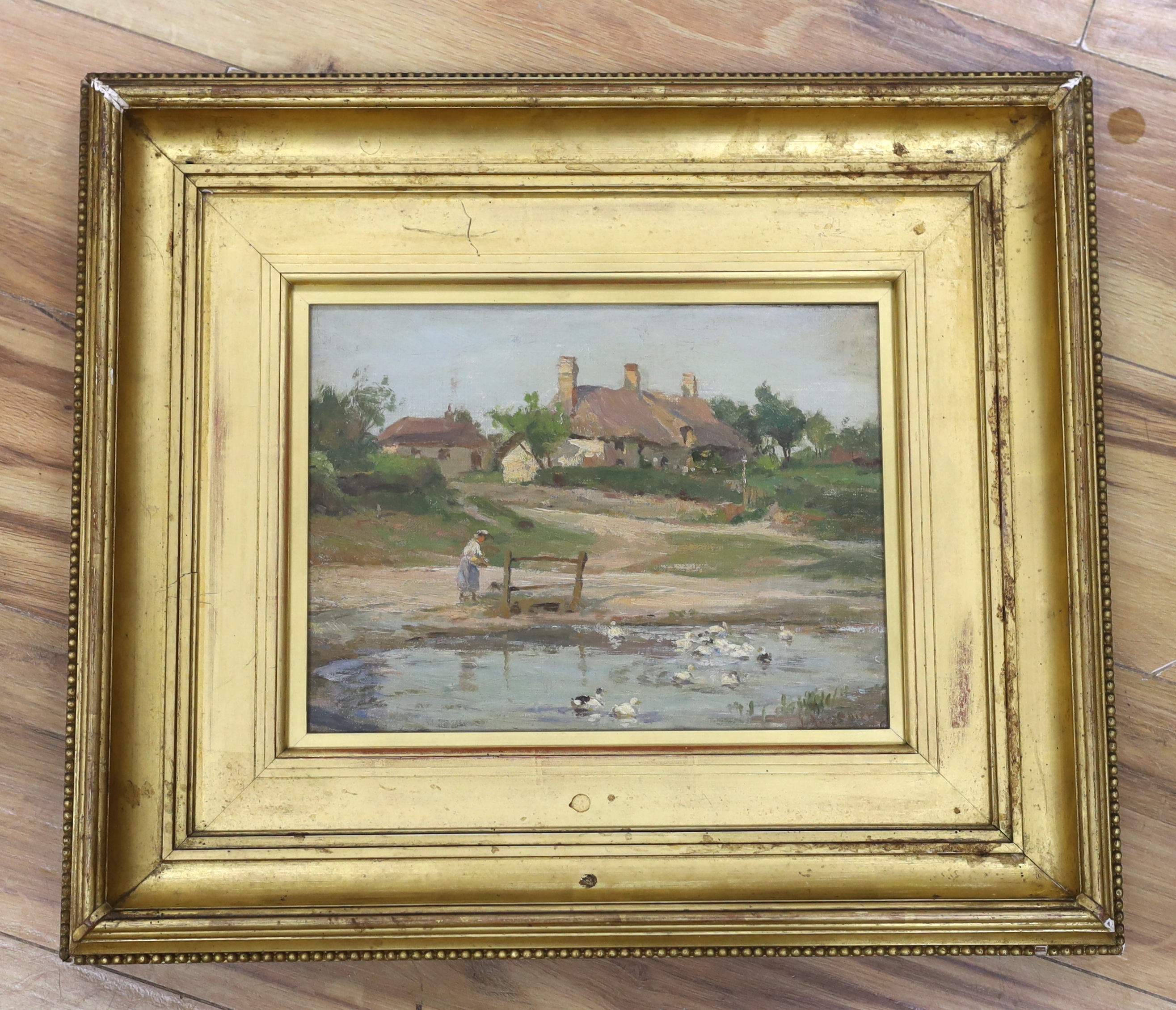 James Aumonier (1832-1911), impressionist oil on board, Rural landscape with farmhouse and duck pond, signed, 22 x 30cm, ornate gilt framed